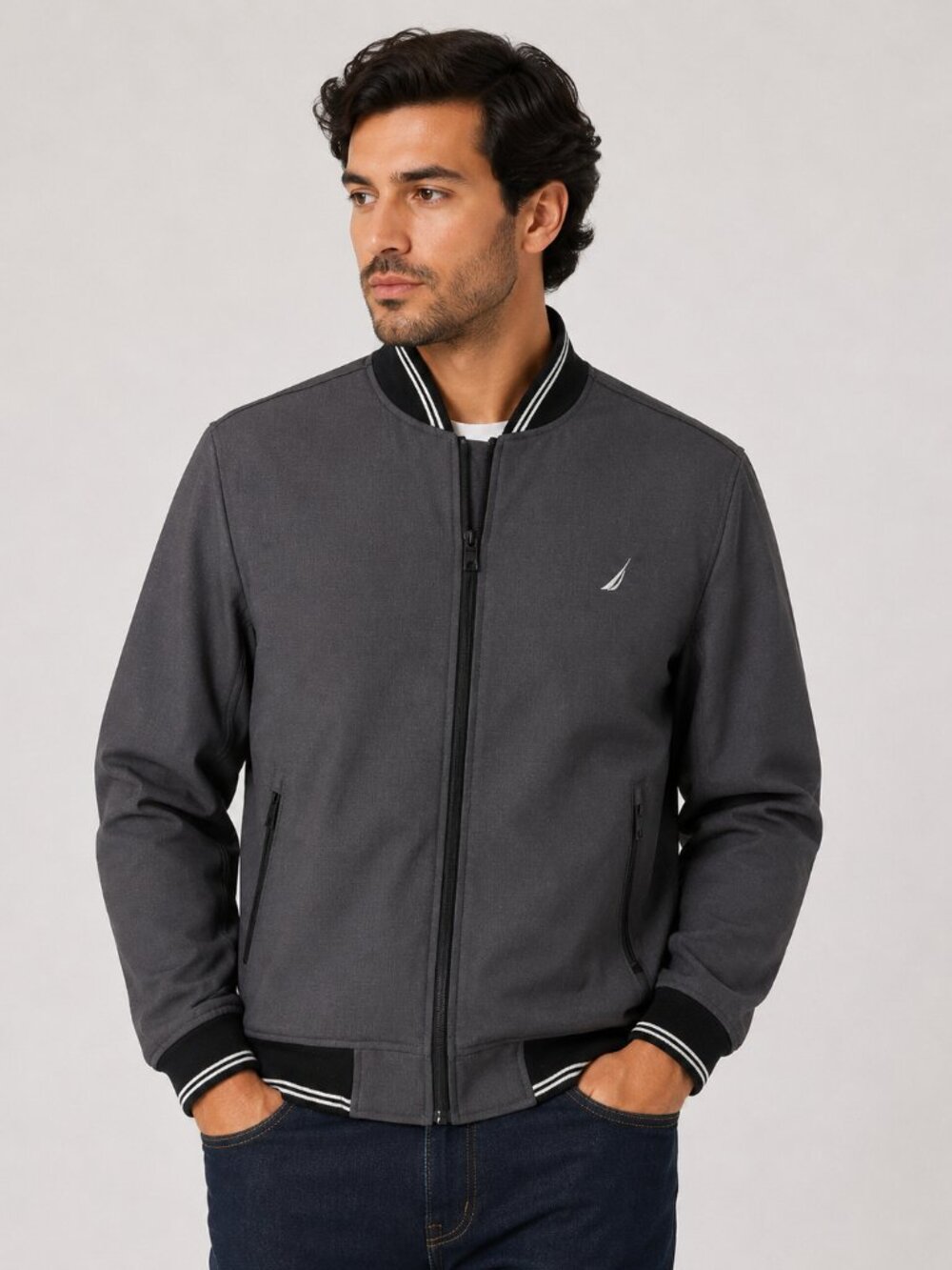 Nautica Men’s M Gray Bomber Jacket Full Zip Water & Wind Resistant Stretch